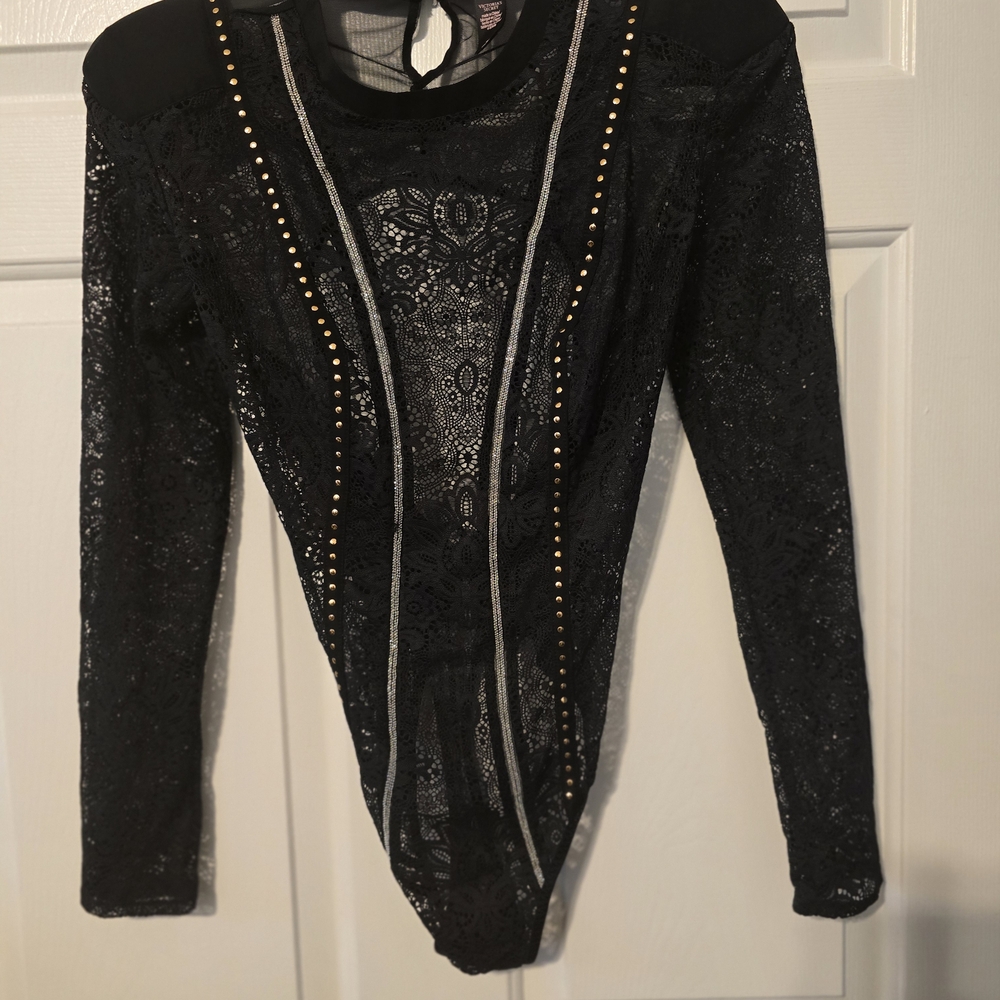 Victoria's Secret Black Lace Long-Sleeve Studded Bodysuit with Metallic Trim